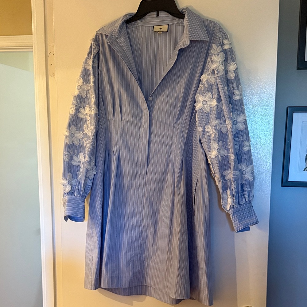 Tuckernuck Blue Striped Shirt Dress with White Floral Accents